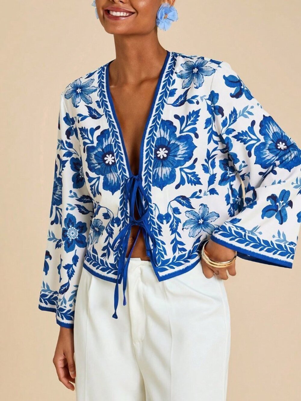 Blue And White Boho Women's Floral Print Front Tie Flare Sleeve Shirt